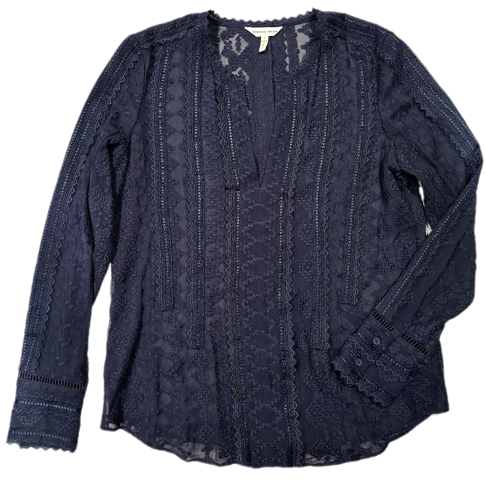 Rebecca Taylor Navy Embroidered Silk Lace Sheer V-neck Tunic Cuff 4